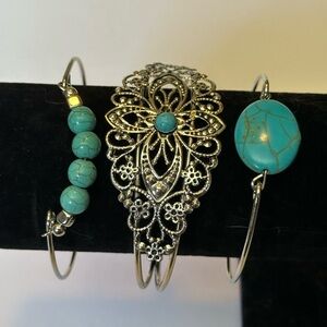 JTV Turquoise and Silver Filigree Stackable Bangle Bracelet Set lot of 3